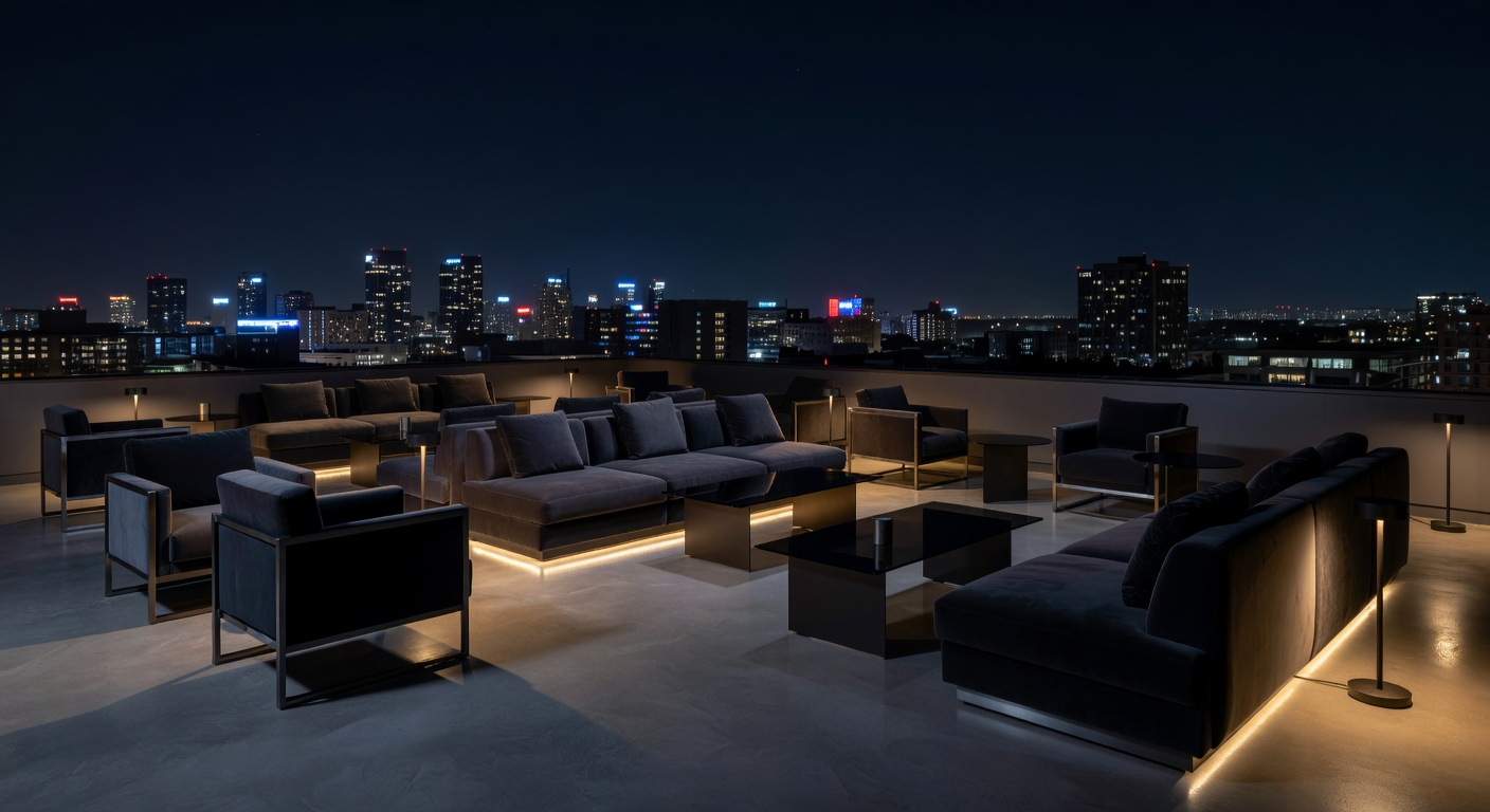 Rooftop lounge seating at night